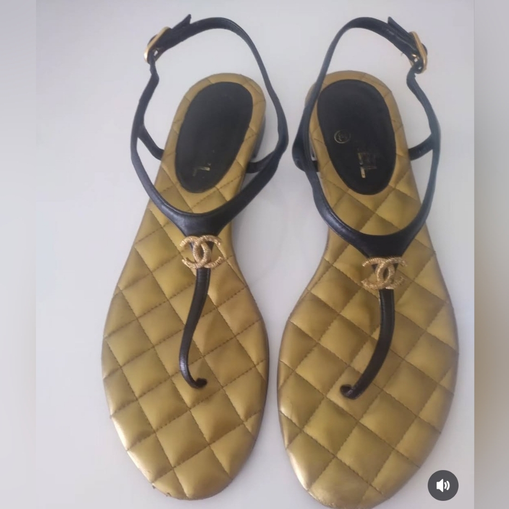 Chanel Black Gold CC Thong Flat Sandals - Picture 11 of 14